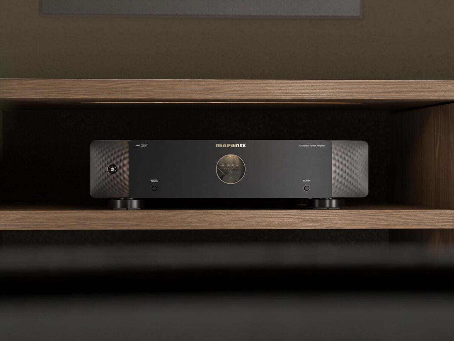 Black AMP30 sitting inside media console