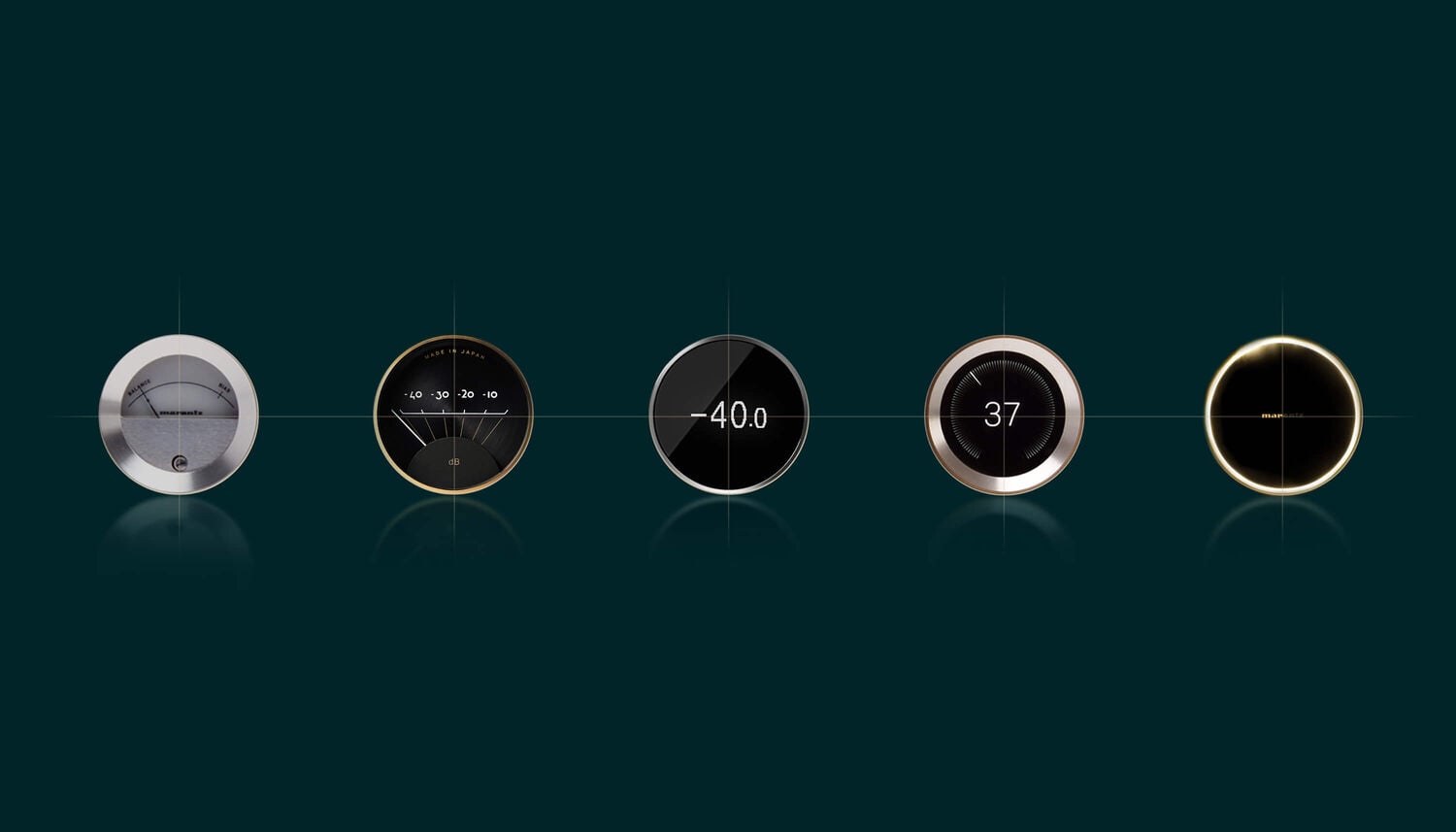 5 portholes highlighting Marantz on dark teal background