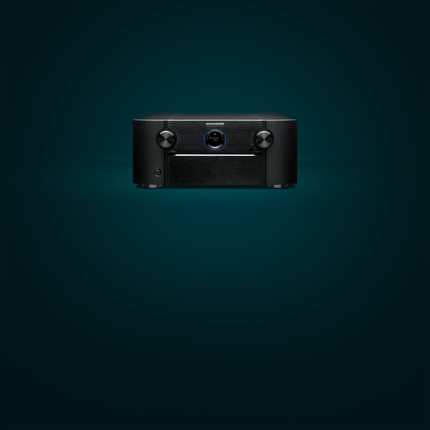 Black recertified AV7706 facing front left with teal background
