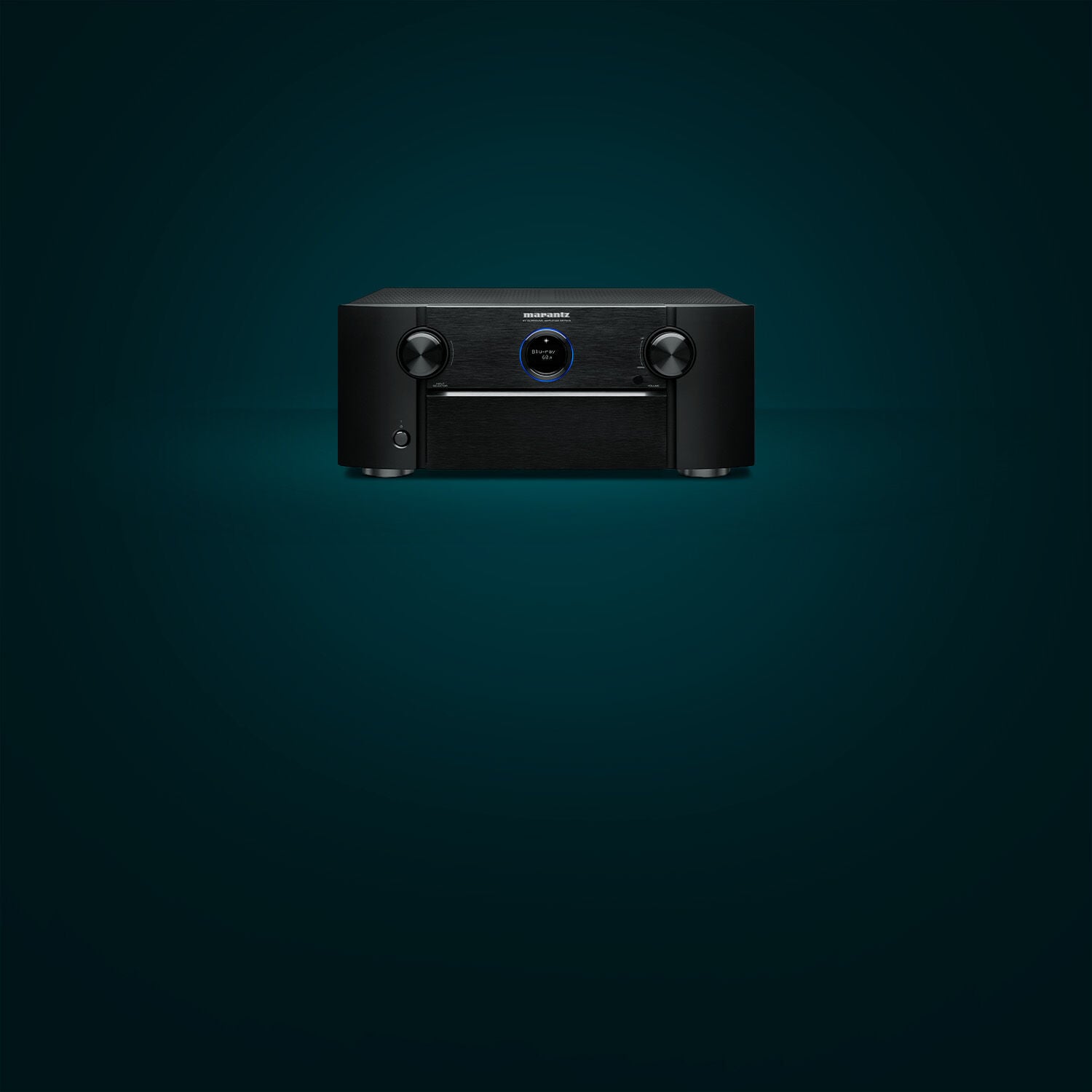 Black AV7706 facing front left with teal background