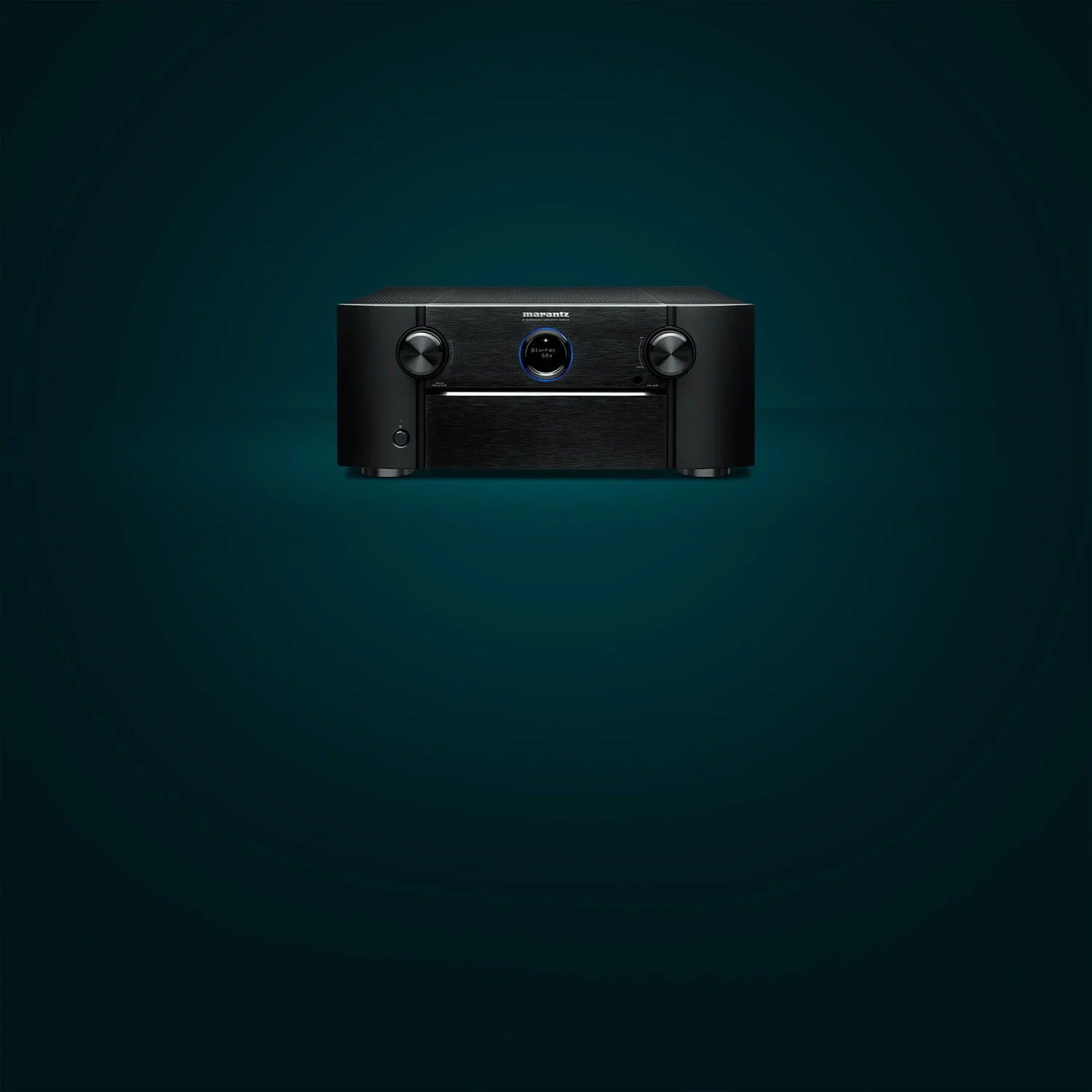 Black recertified AV7706 facing front left with teal background