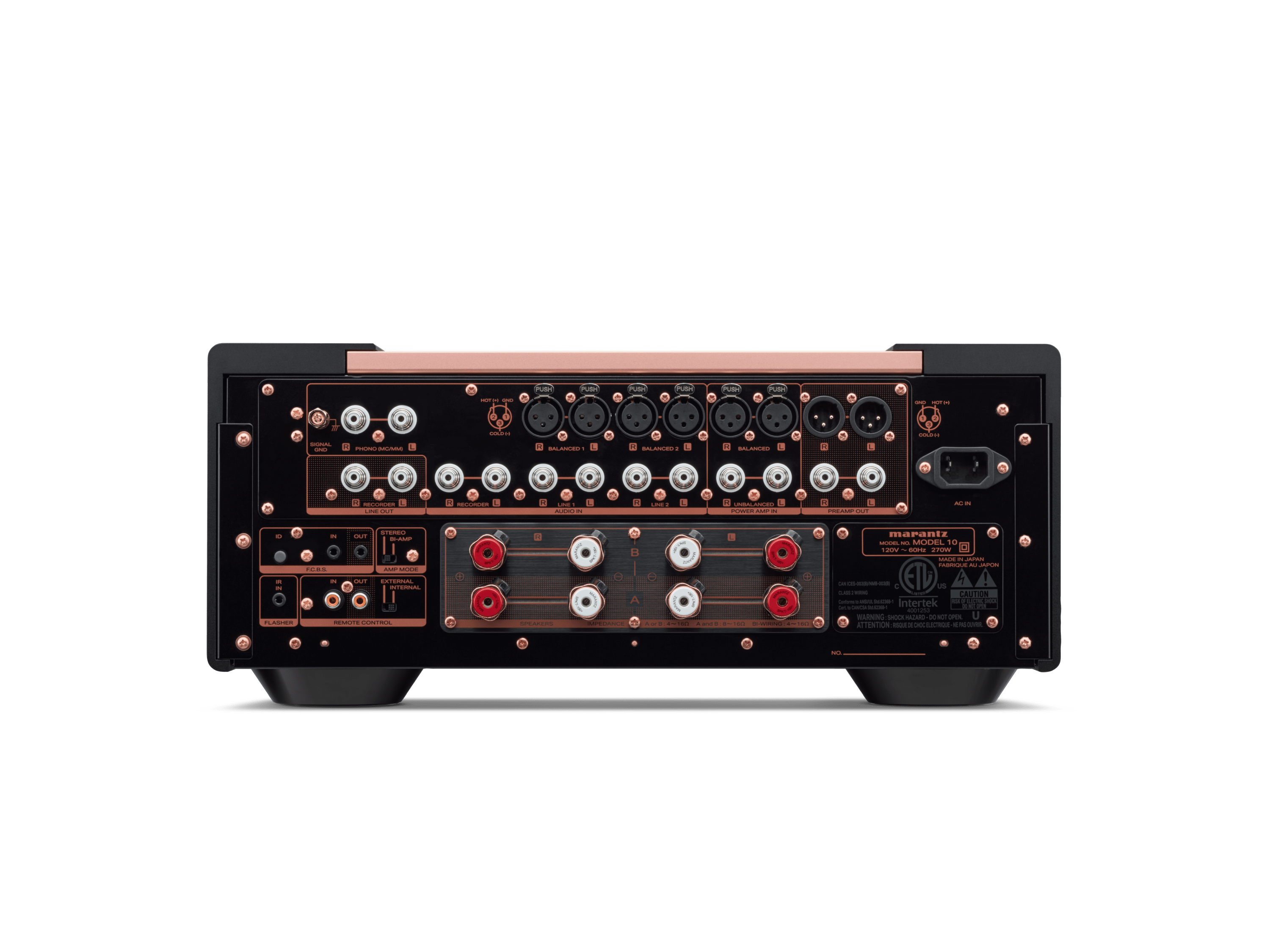 Panoul posterior al amplificatorului Marantz MODEL 10, cu intrări XLR și RCA