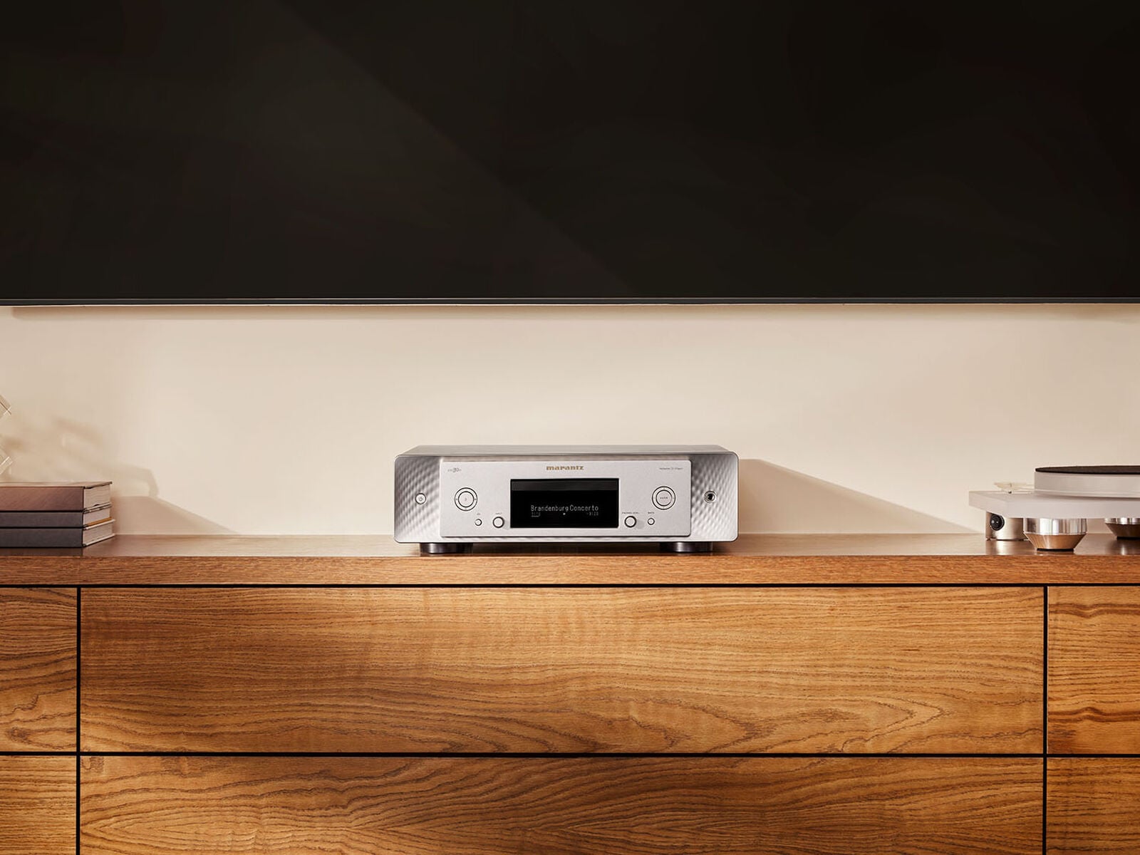 Marantz CD 50n Silver Gold on a media console
