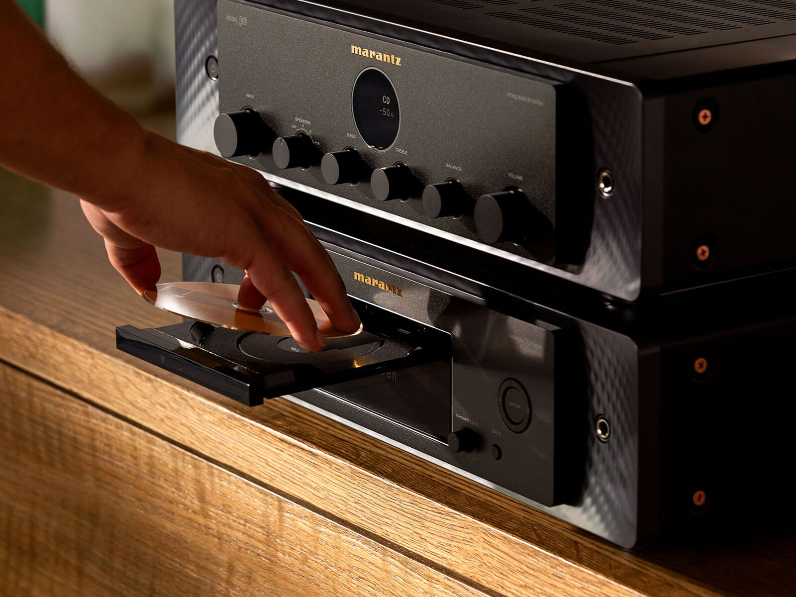 Marantz CD 50n Black loading a CD, stacked with MODEL 50