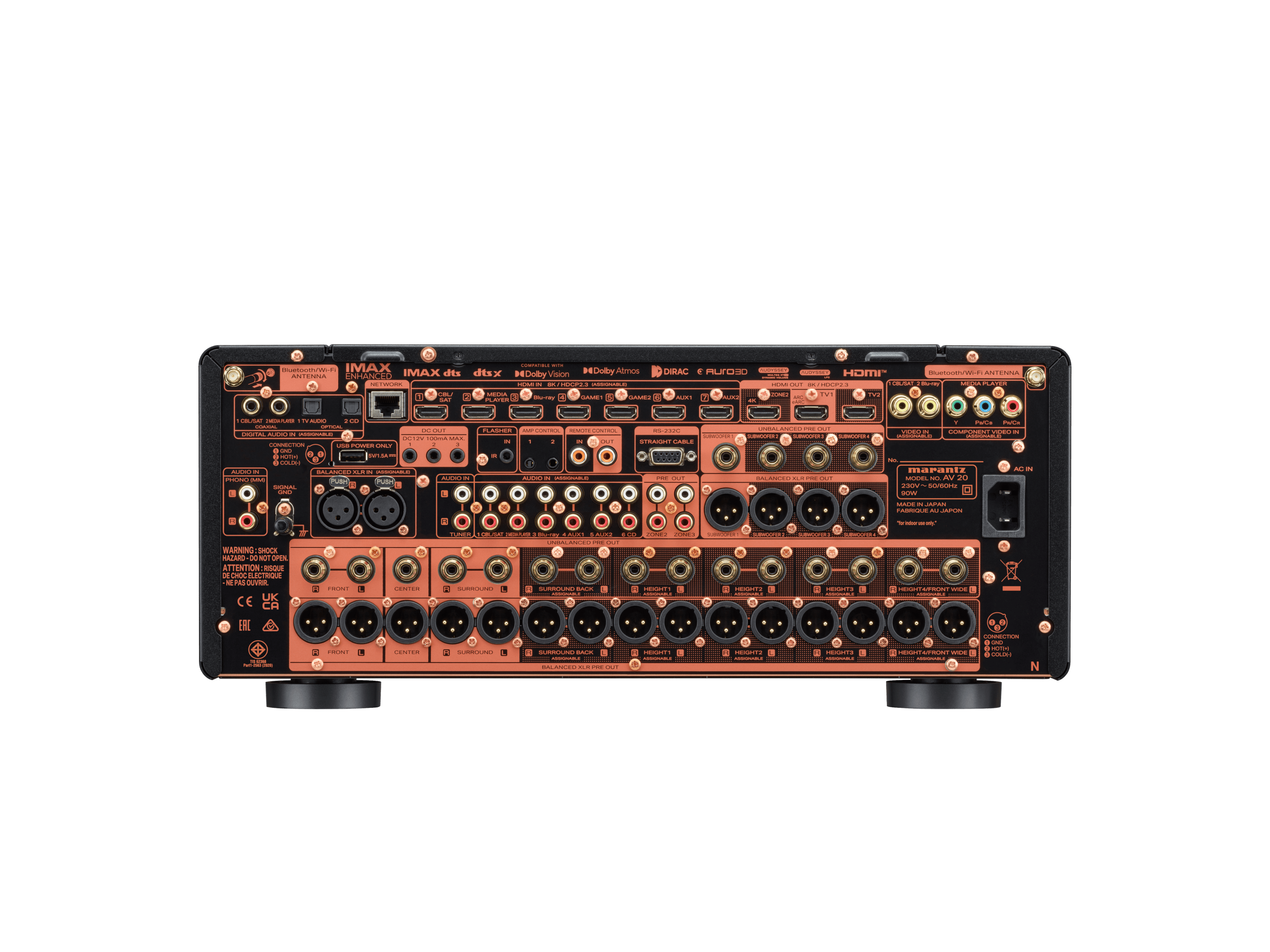 Bakpanelet på Marantz AV 20 med XLR- og RCA-pre-outs