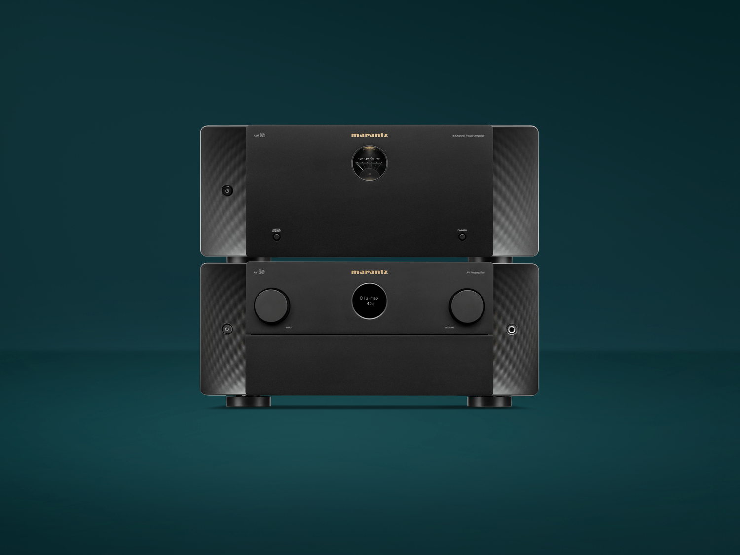 AV20 and AMP10 Stacked - Front View with teal background